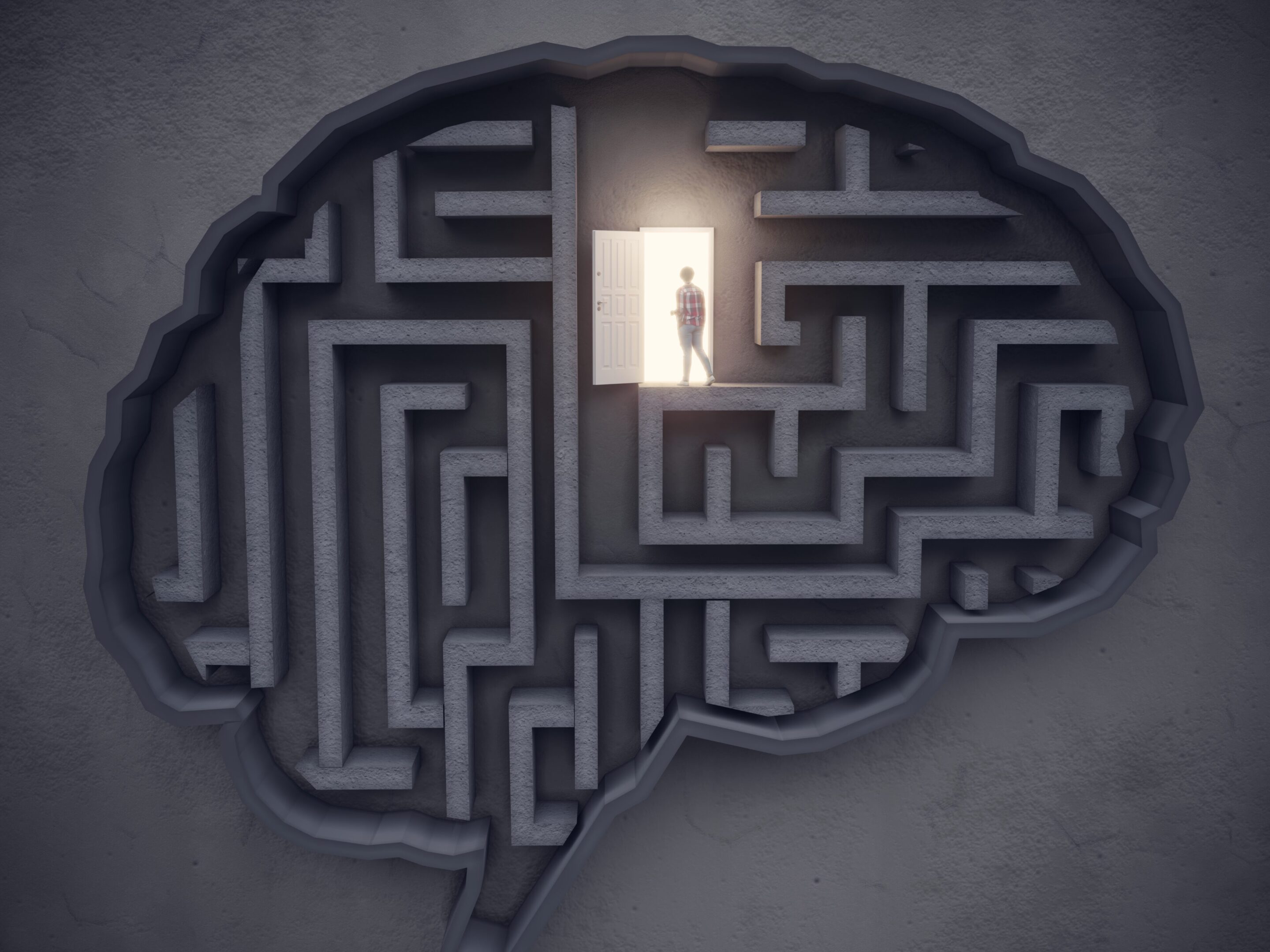 The woman find and open the door in the maze-shaped brain on the wall, symbolizing big ideas, innovation concepts. (3d render)